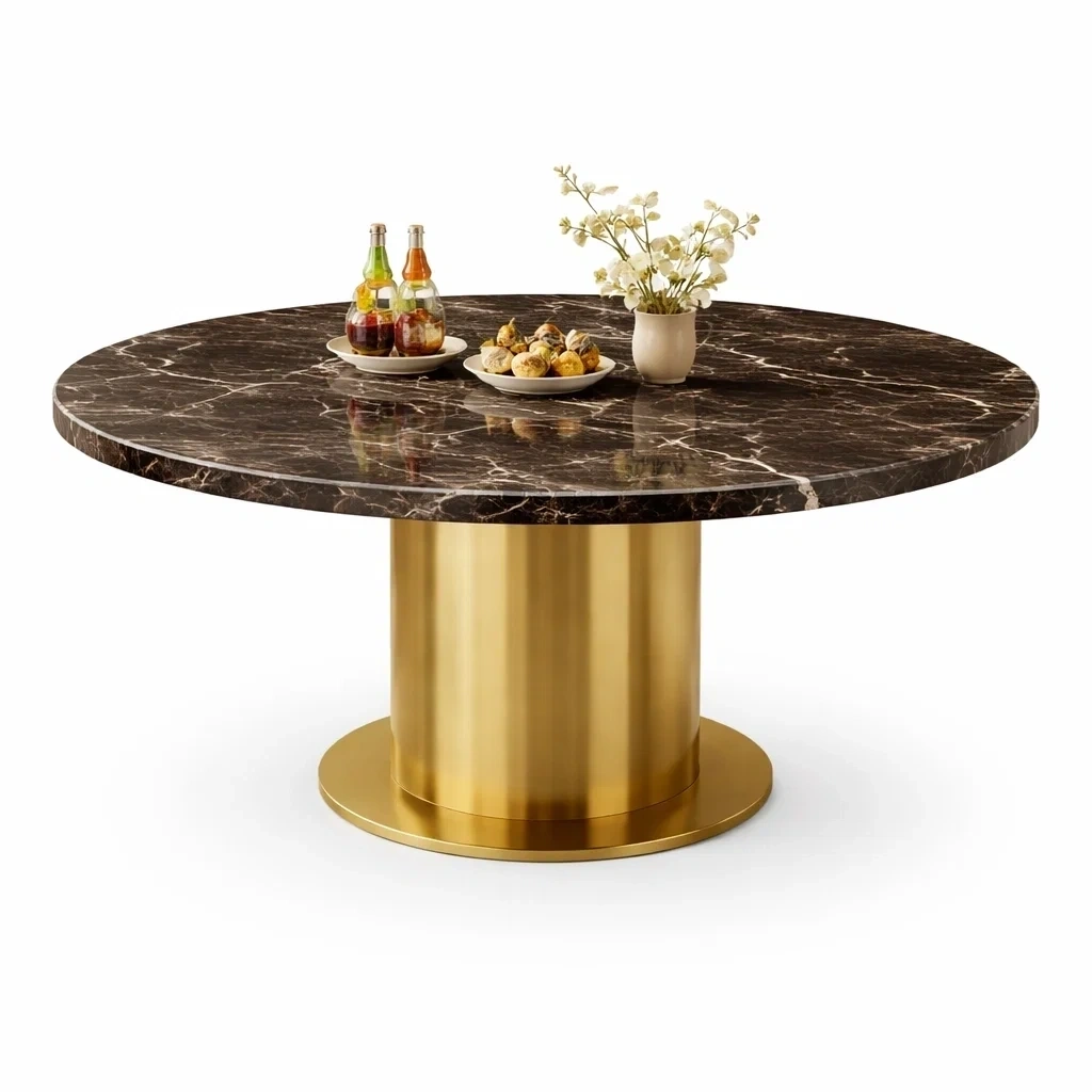 Round Marble Dining Table with Metal Pedestal-urbinoo