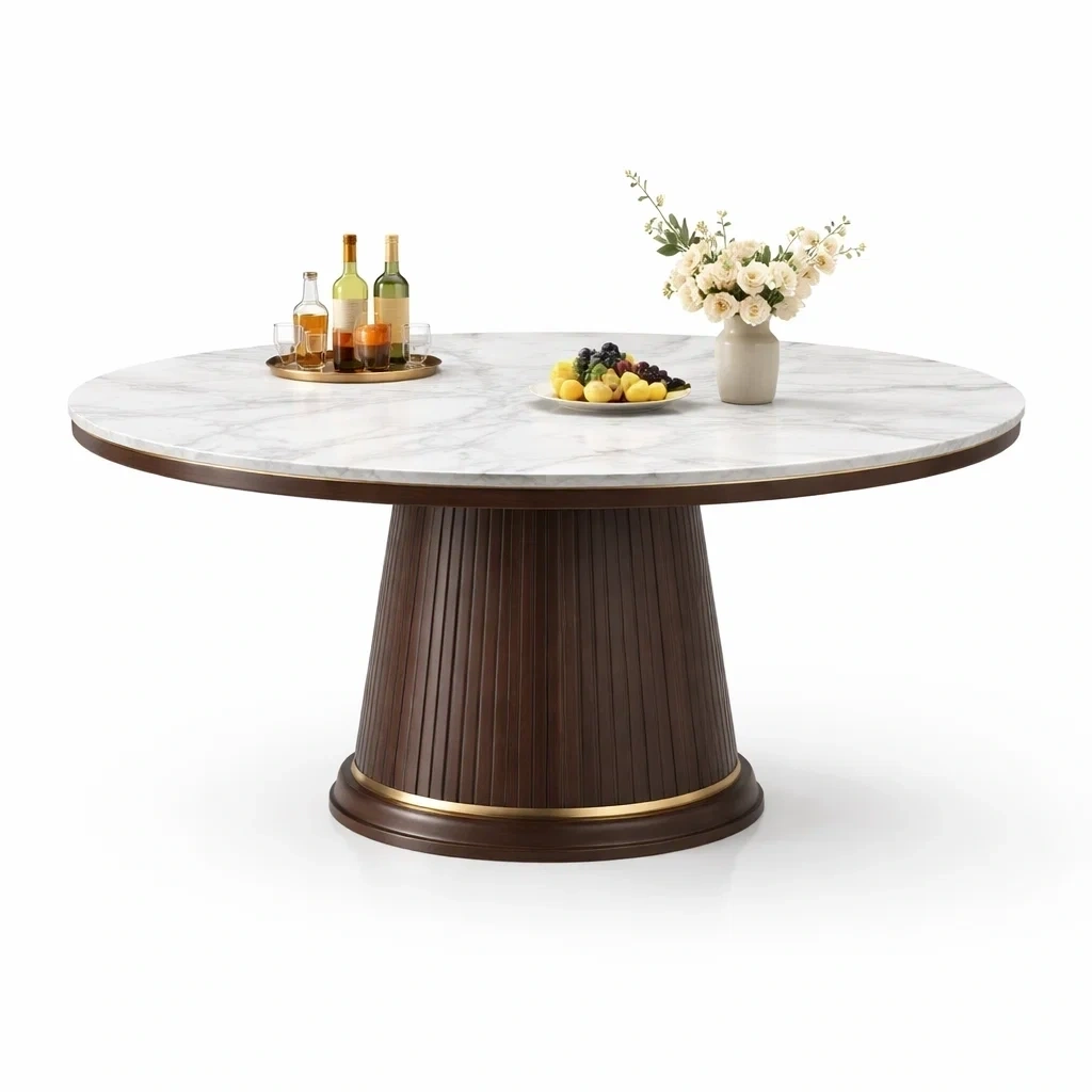 Round Marble Dining Table with Wood Base-urbinoo