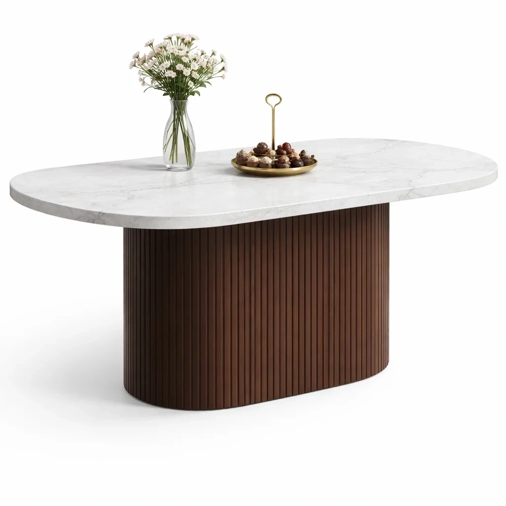 Oval Marble Dining Table with Pedestal Base-urbinoo