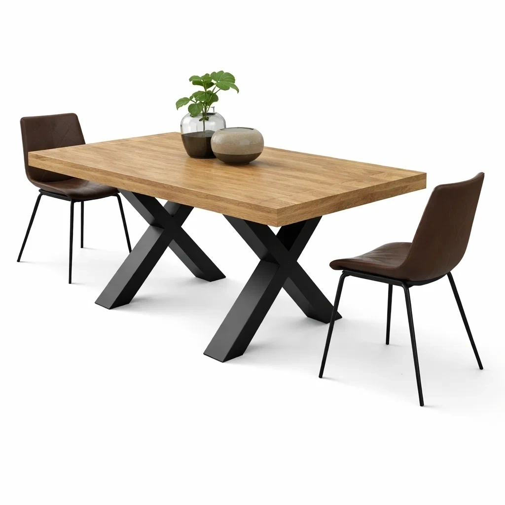 Rectangular Wood Dining Table with Metal X Base-urbinoo