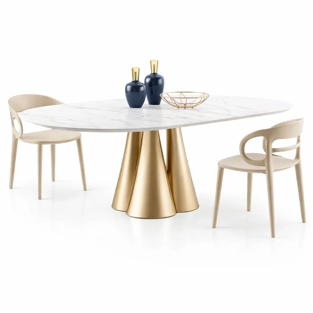 Oval Marble Dining Table with Metal Pedestal-urbinoo