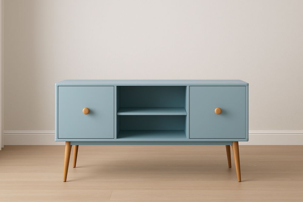 Meuble TV en Bois MDF Bleu avec Pieds en Bois Massif