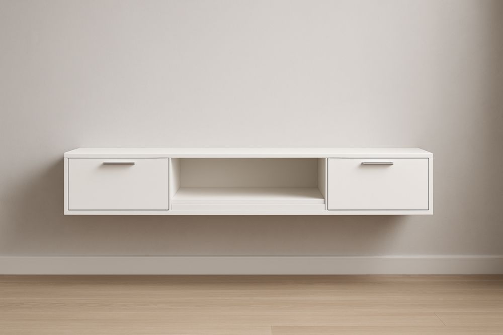 Meuble TV mural blanc en MDF avec deux portes et étagère