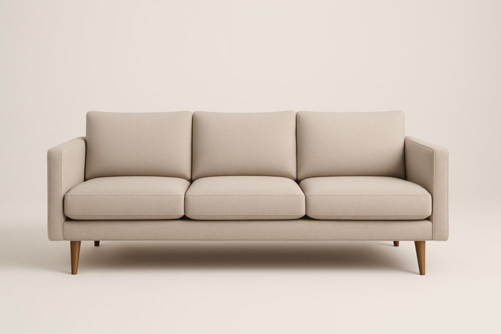 Canapé long 3 places en tissu polyester beige avec pieds en bois massif