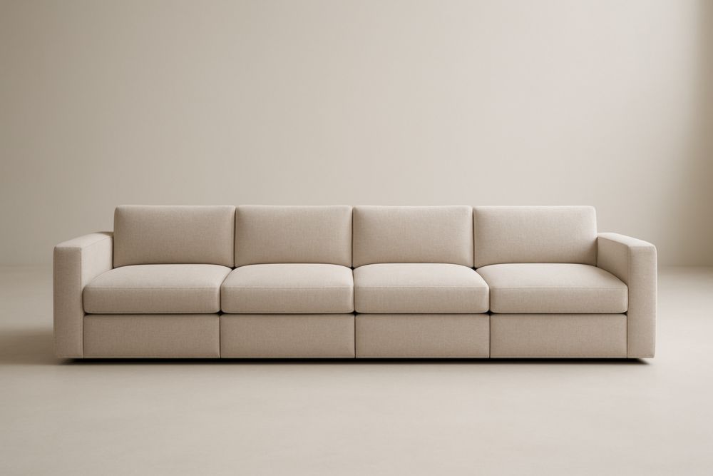 Canapé long 4 places en bois massif et tissu polyester beige