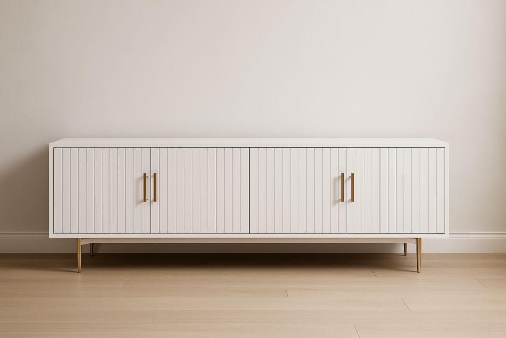 Meuble TV en Bois MDF Blanc avec Pieds en Métal Doré