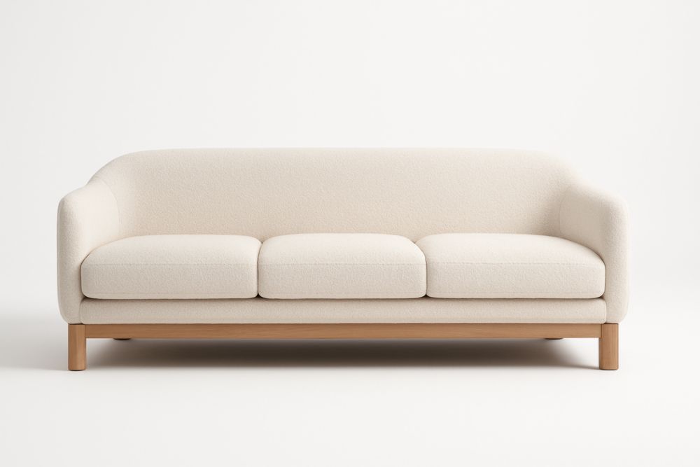 Canapé long 3 places en tissu bouclé écru avec pieds en bois de hêtre