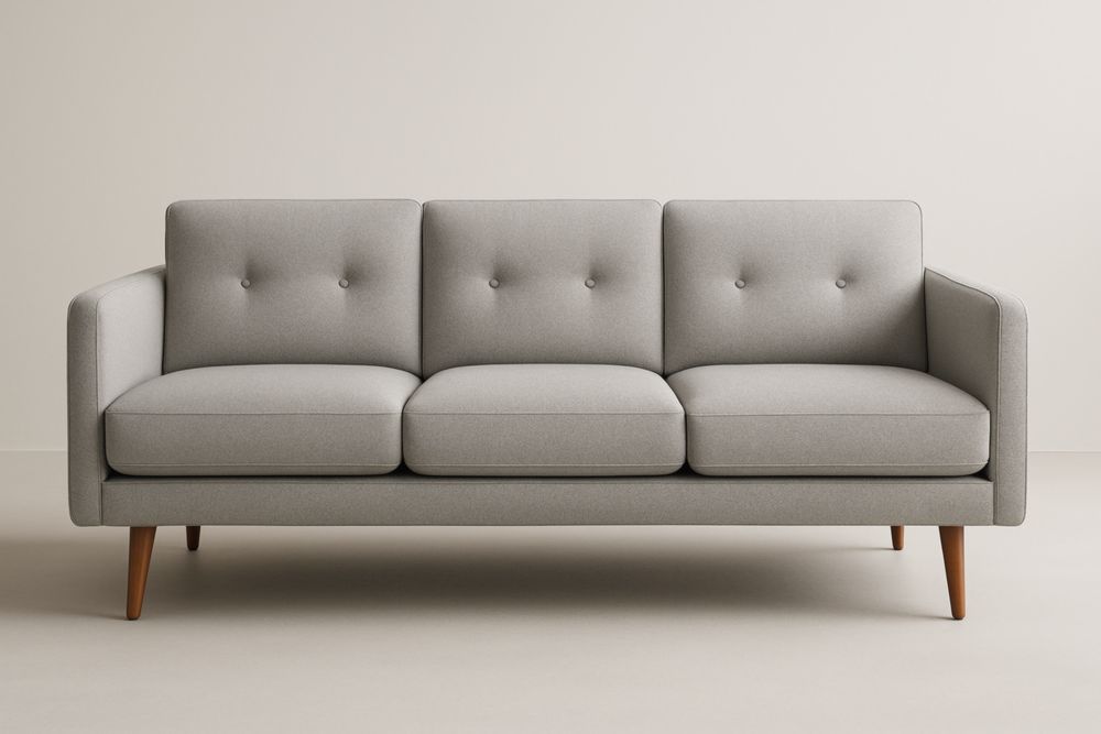 Canapé long 3 places en tissu polyester gris avec pieds en bois massif