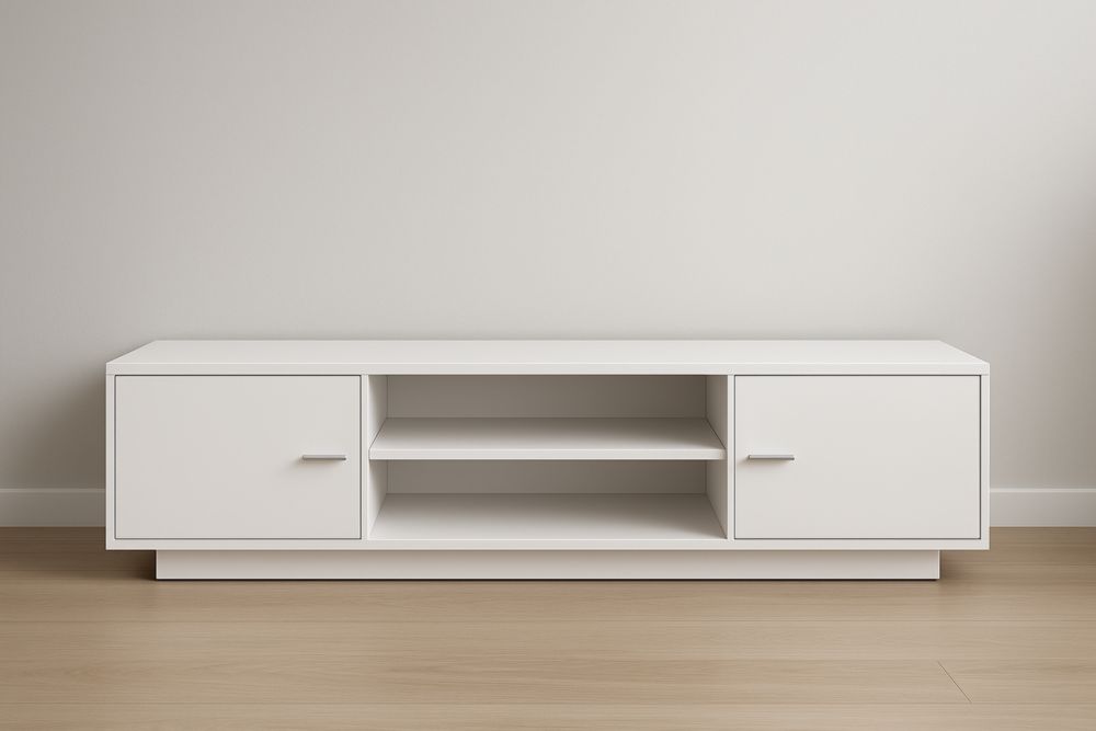 Meuble TV en MDF blanc avec portes et étagères 180x40x45 cm