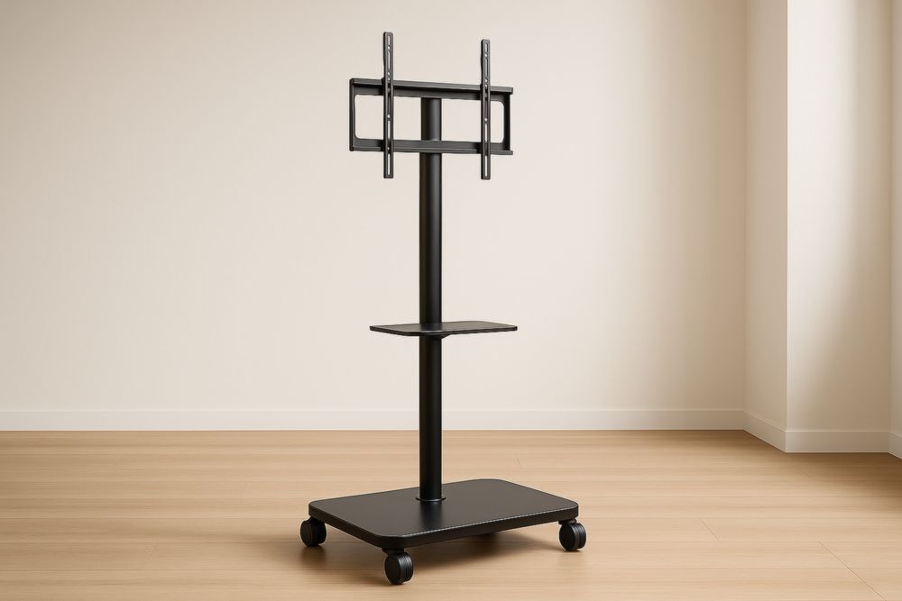 Chariot TV mobile en acier noir avec étagère réglable