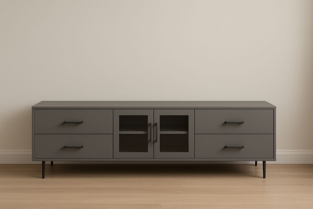Meuble TV gris avec tiroirs et portes en verre