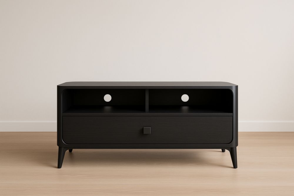 Meuble TV en bois noir avec étagères et tiroir