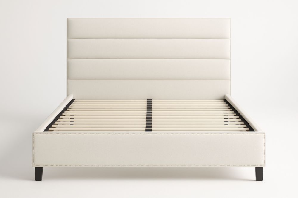 Letto imbottito in tessuto beige con testiera imbottita 160x200 cm