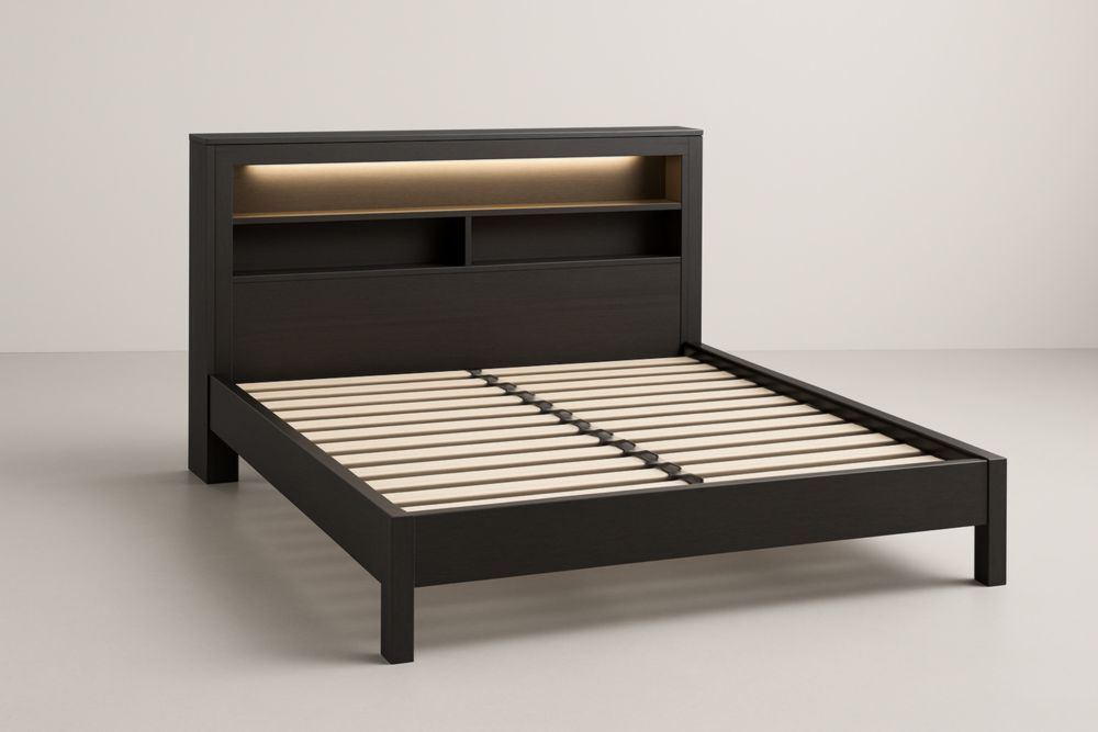 Letto matrimoniale in legno marrone con scaffali integrati e LED 160x200 cm