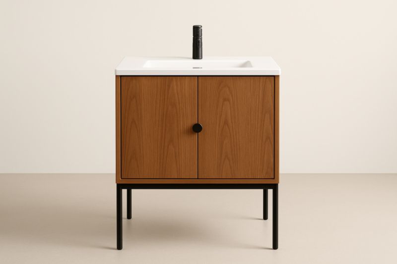 Mobile bagno con lavabo in ceramica e legno con base nera