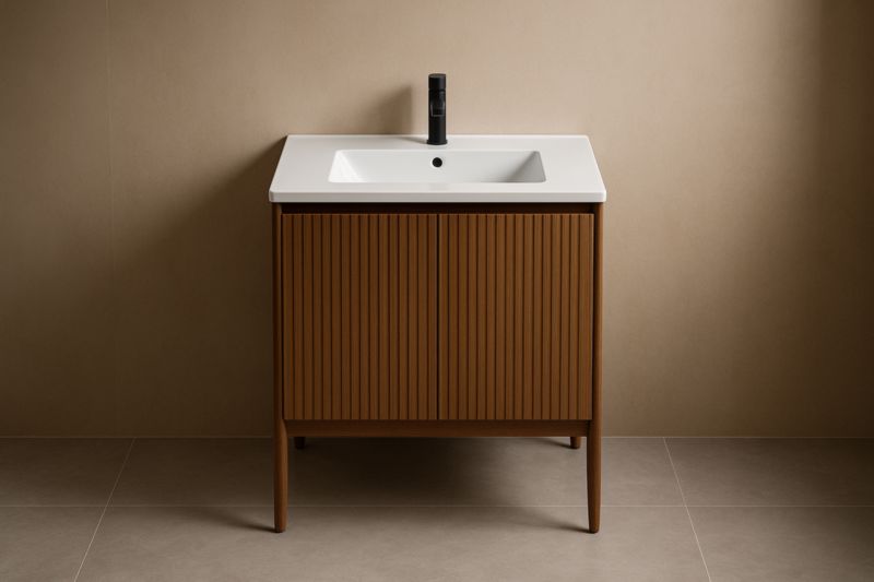 Mobile da bagno in legno con lavabo integrato in ceramica bianca