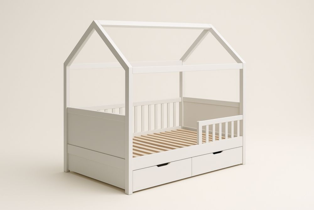 Letto in Legno di Pino con Struttura a Casa e Cassetti Bianco 160x80 cm