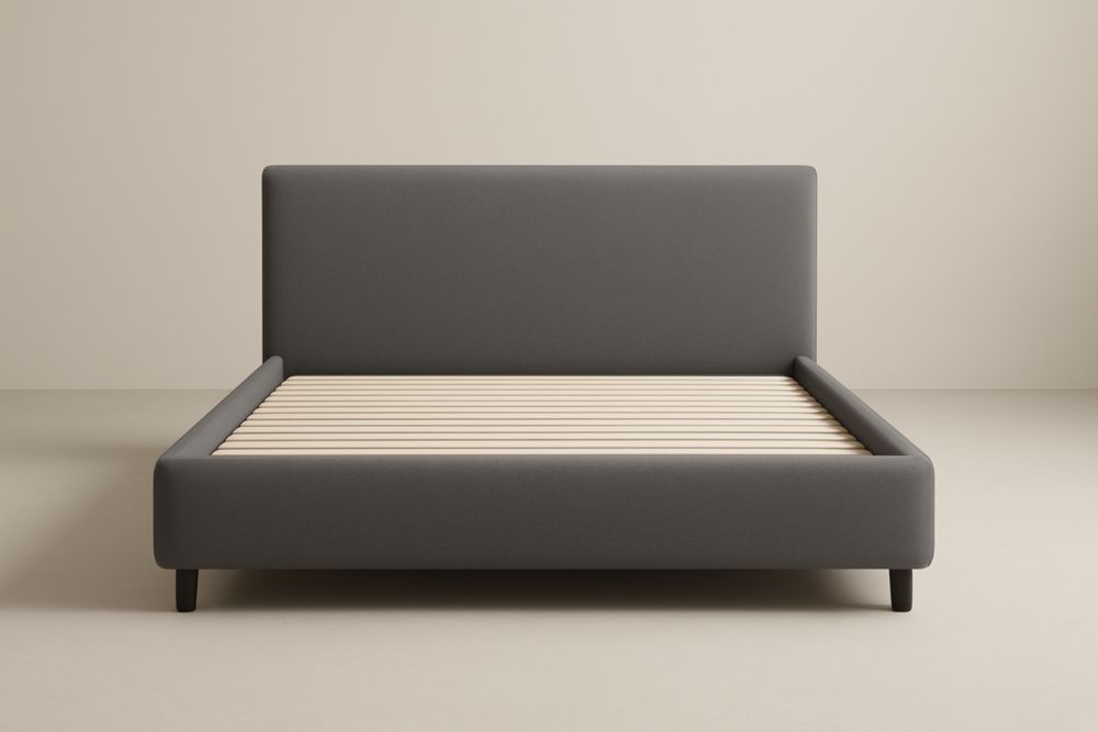 Struttura letto matrimoniale grigia in tessuto di poliestere con testiera