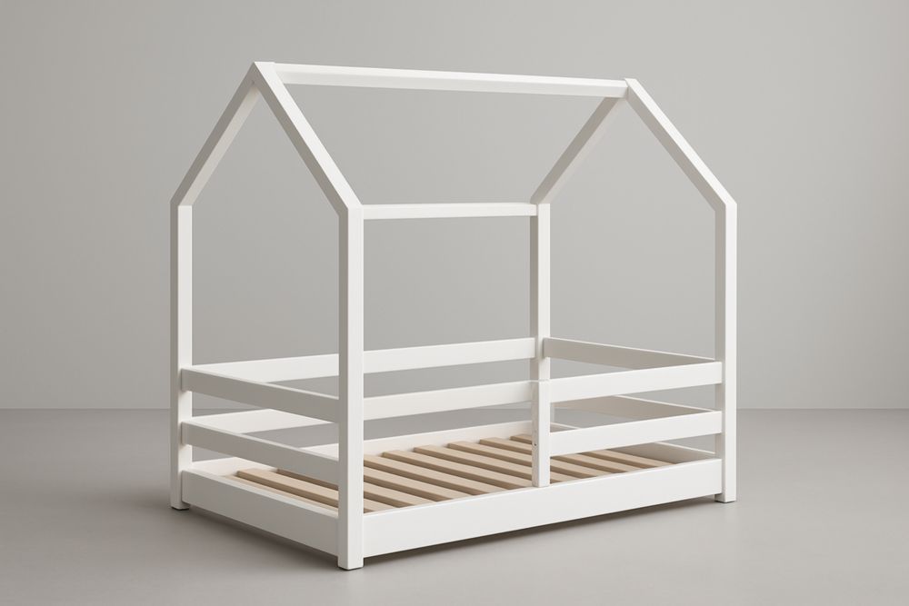 Letto per Bambini a Forma di Casetta in Legno di Pino Bianco