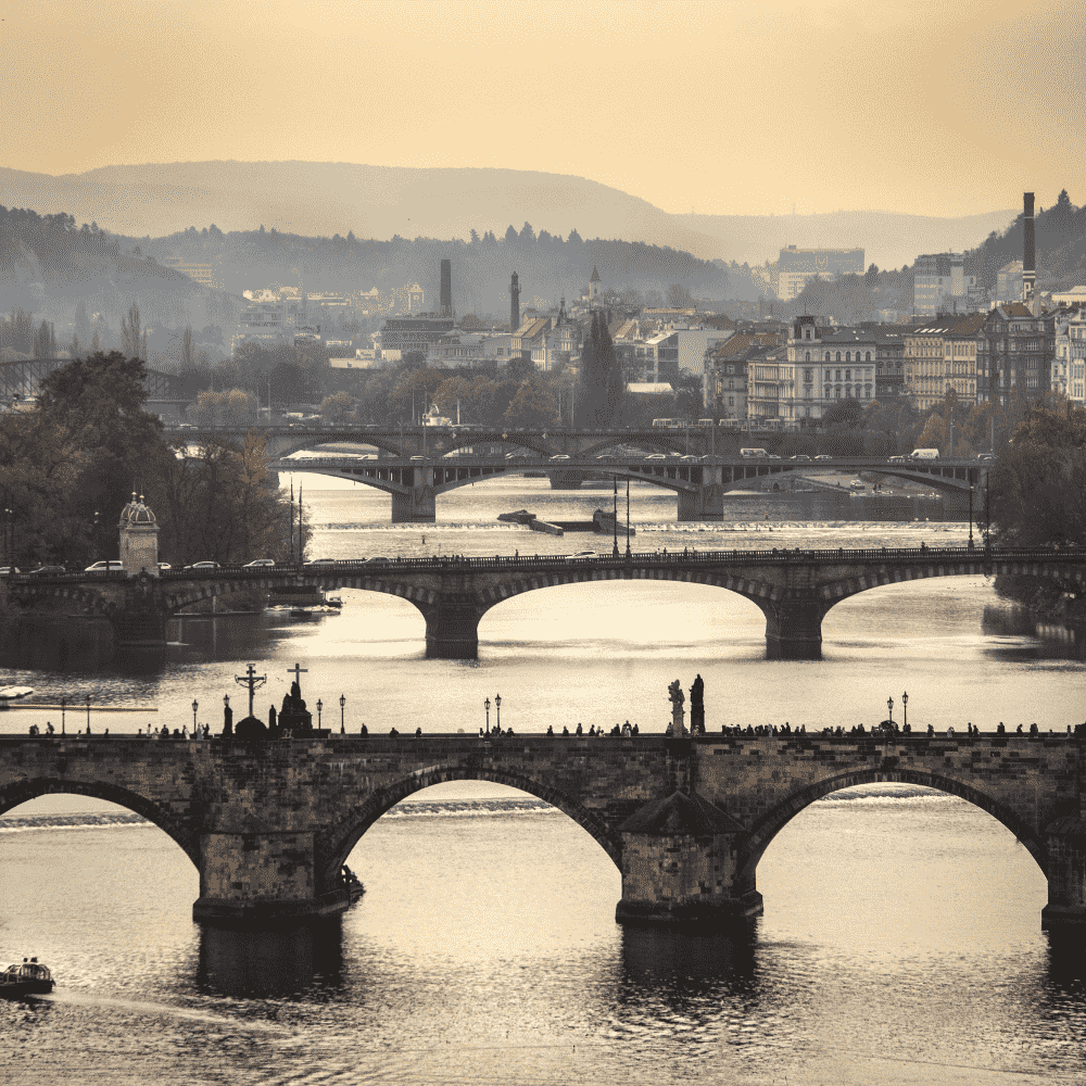 Czech Republic eSIM – Charles Bridge and Vltava River panorama in Prague, travel eSIM for Czech Republic
