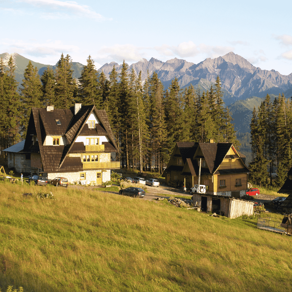 Slovakia eSIM – wooden chalets and Tatra mountain landscape, travel eSIM for Slovakia
