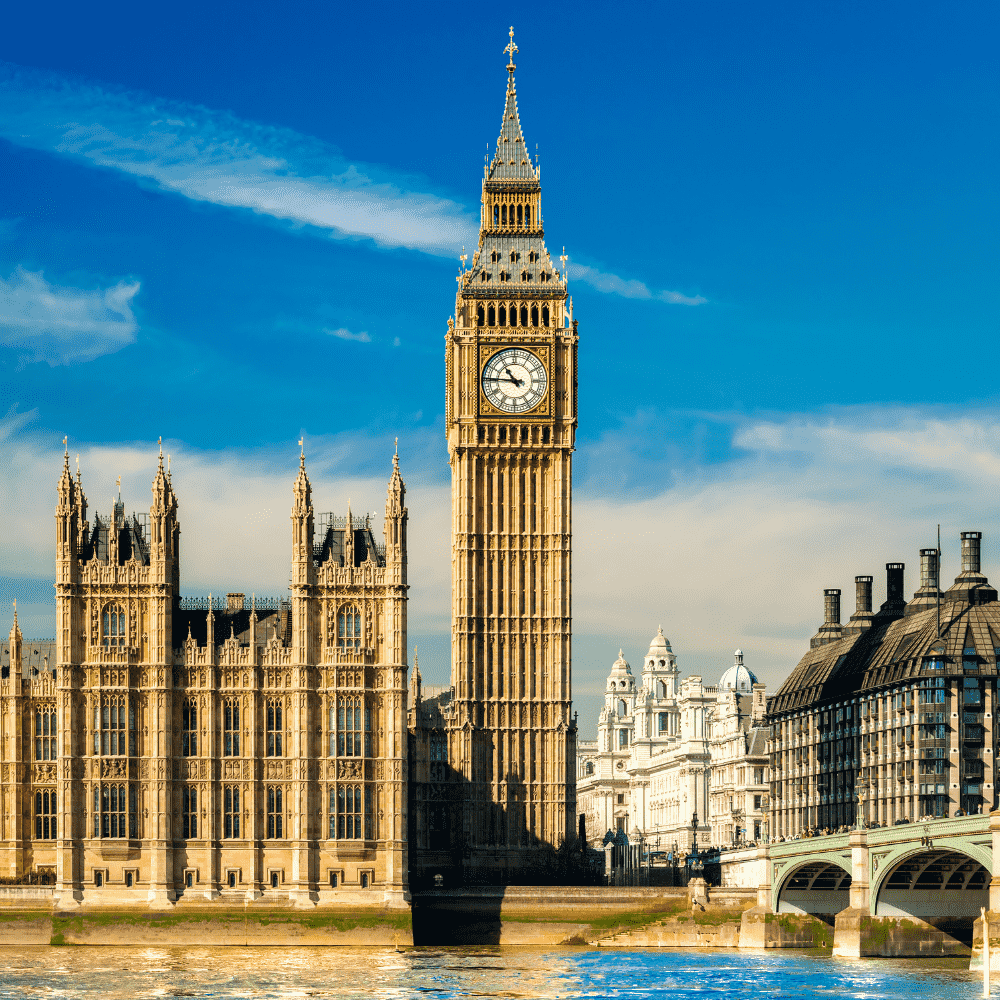 United Kingdom eSIM – Big Ben Elizabeth Tower and Palace of Westminster reflected on the River Thames in London, travel eSIM for UK
