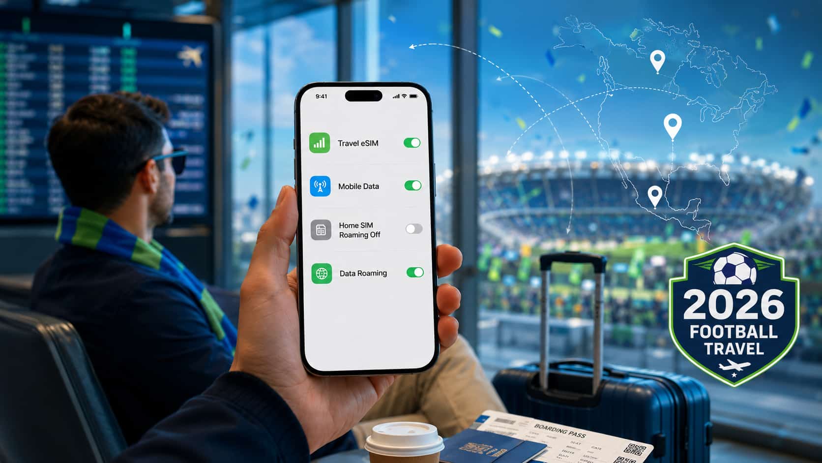 Traveler checking travel eSIM mobile data settings to reduce roaming charges during World Cup 2026 trip
