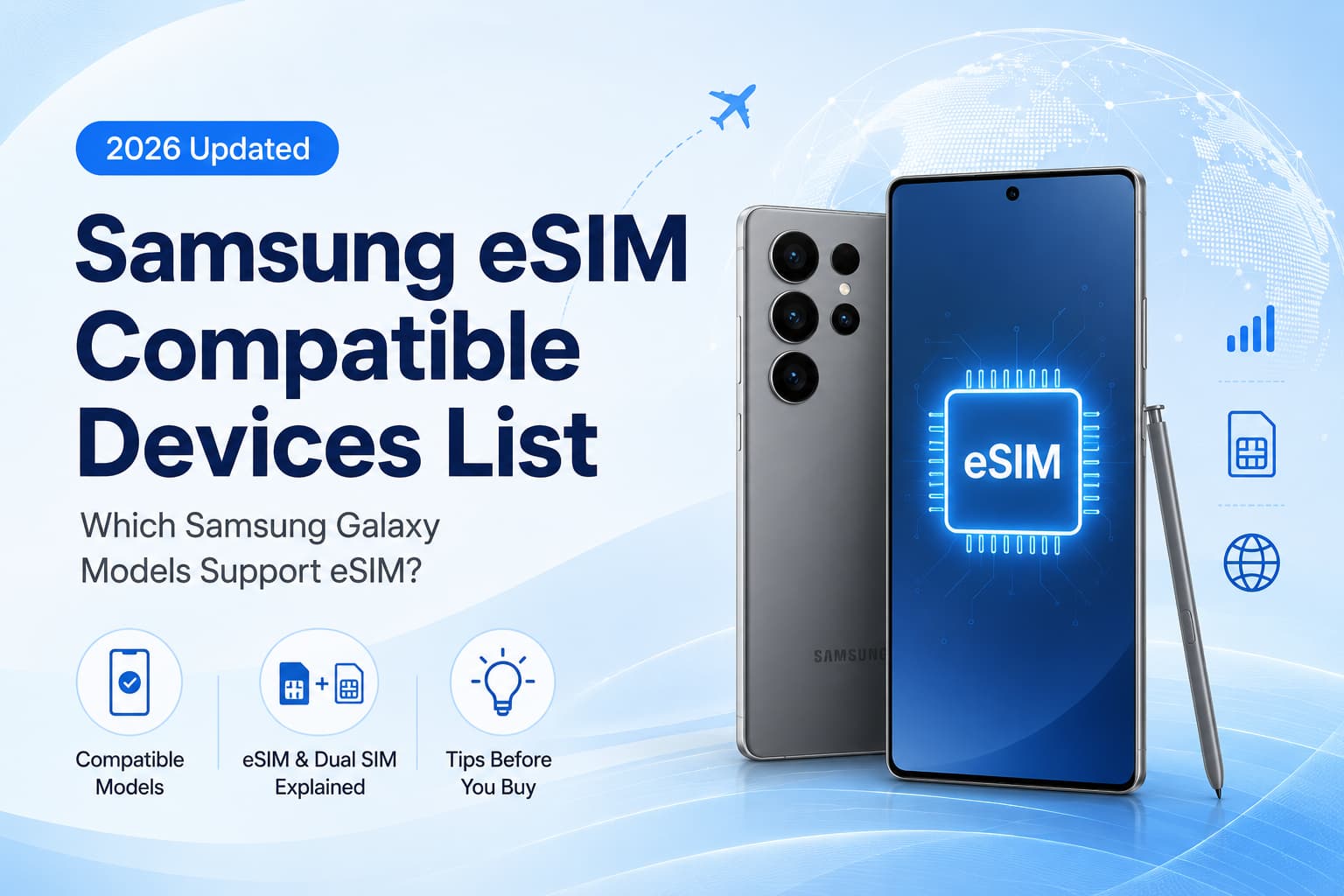 Samsung eSIM compatible devices cover image showing Samsung Galaxy phones, eSIM support and global travel connectivity