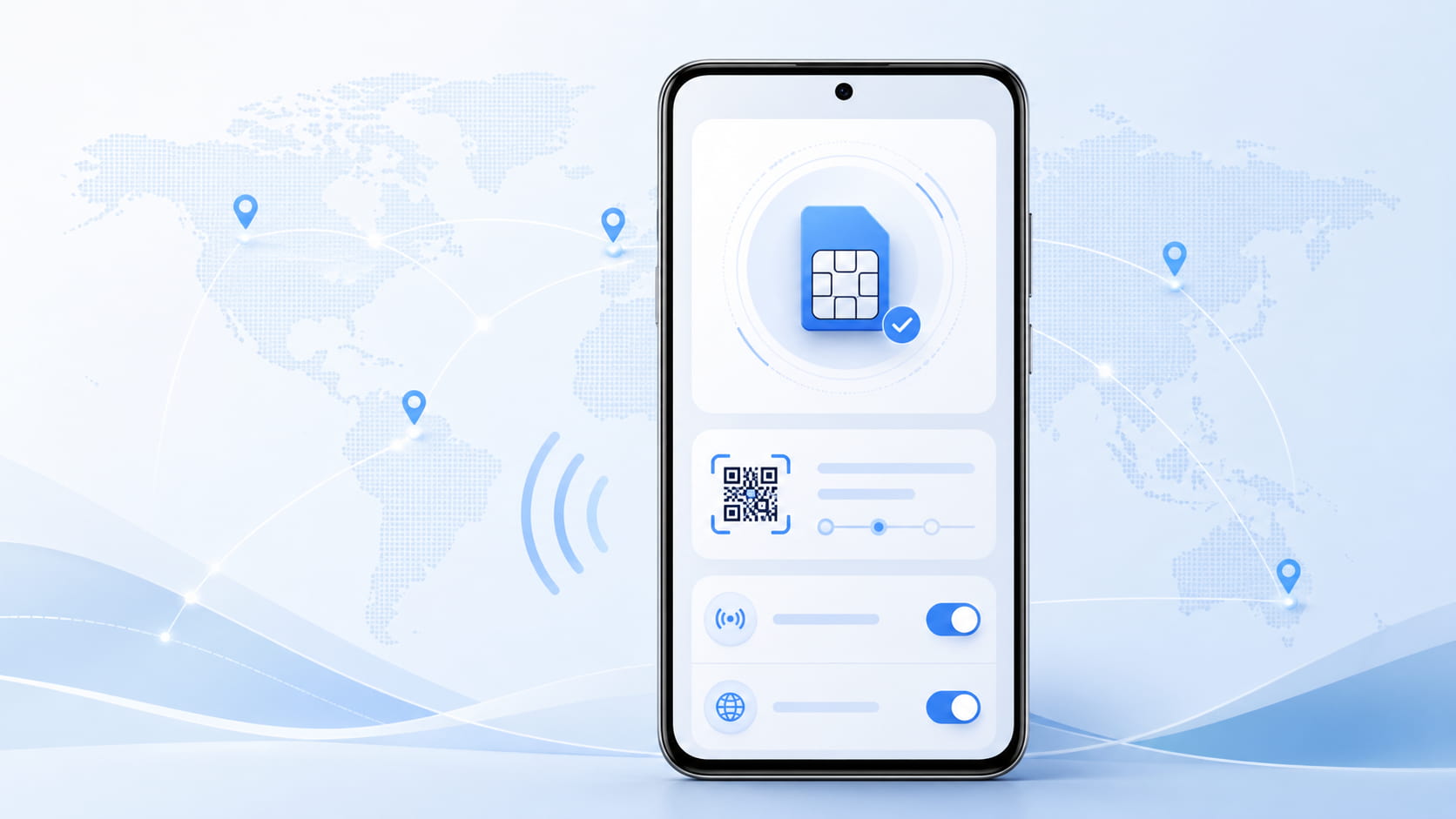 Samsung Galaxy eSIM compatibility check with smartphone, QR code, and global travel network