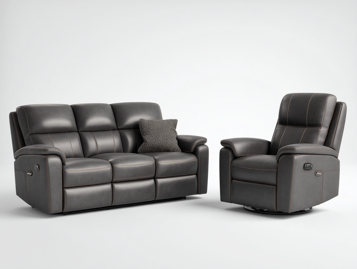 Conjunto de sofás reclinables 3 plazas y sillón de cuero sintético 205x95x102 cm - gris oscuro - estilo moderno con función reclinable-Cozymyhaus