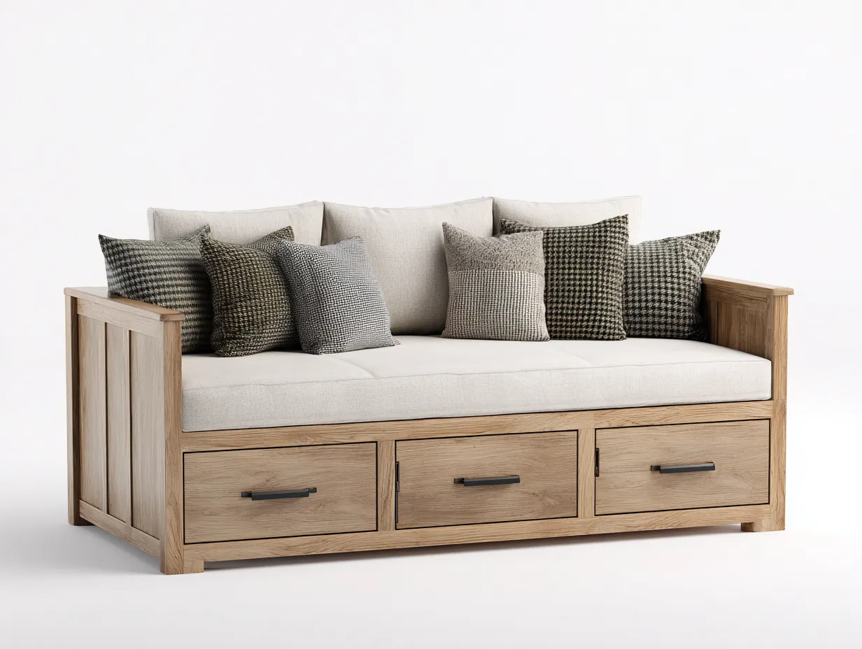 Sofás cama madera maciza 200x90x85 cm - Marrón Beige - Diseño moderno con cajones de almacenamiento-Cozymyhaus