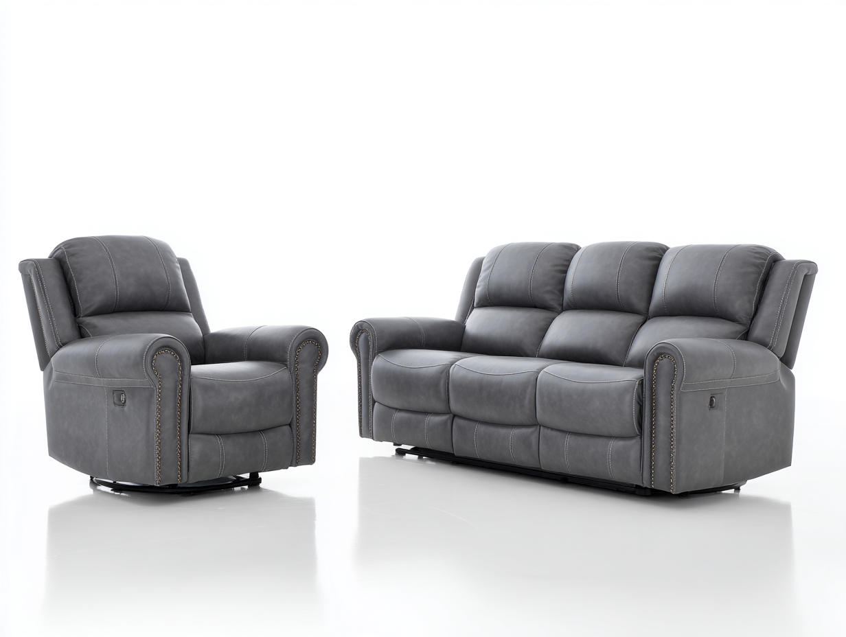 Conjunto de sofás reclinables tapizado cuero sintético estructura metal 210x95x100 cm - Gris - Diseño moderno-Cozymyhaus