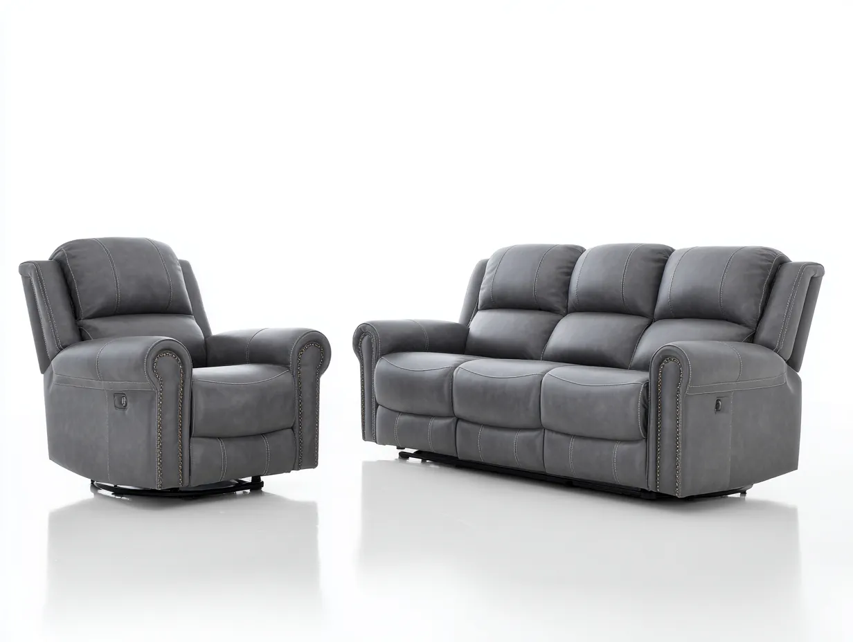 Conjunto de sofás reclinables tapizado cuero sintético estructura metal 210x95x100 cm - Gris - Diseño moderno-Cozymyhaus