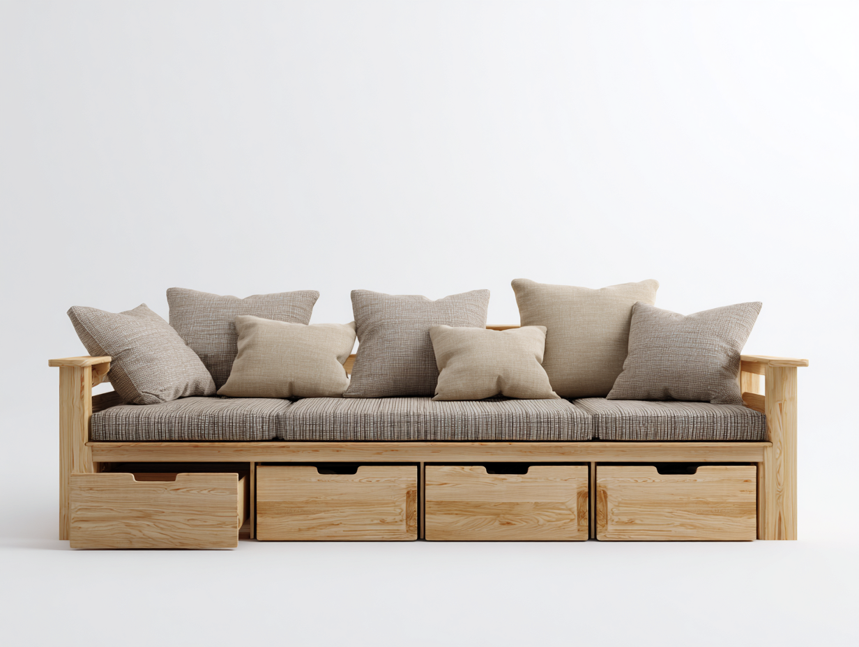 Sofás cama madera maciza tapizado tela con cajones 210x90x85 cm - Madera natural-Beige - Diseño moderno-Cozymyhaus