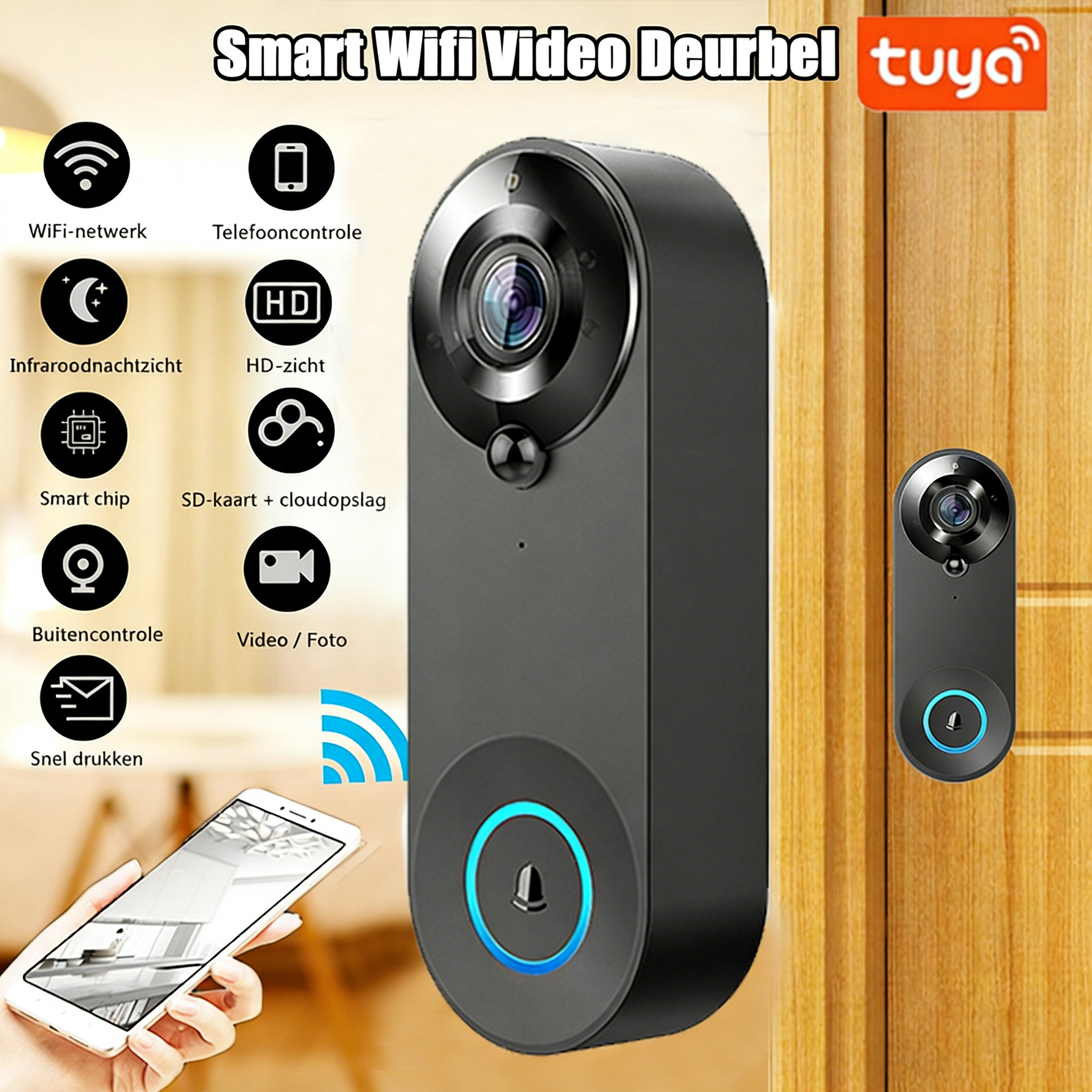 Draadloze deurbelcamera met nachtzicht in hoge resolutie