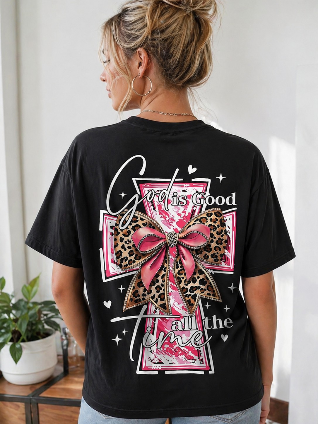 God Is Good All The Time Leopard Cross Christian Graphic Tee – Faith Women’s Oversized T-Shirt