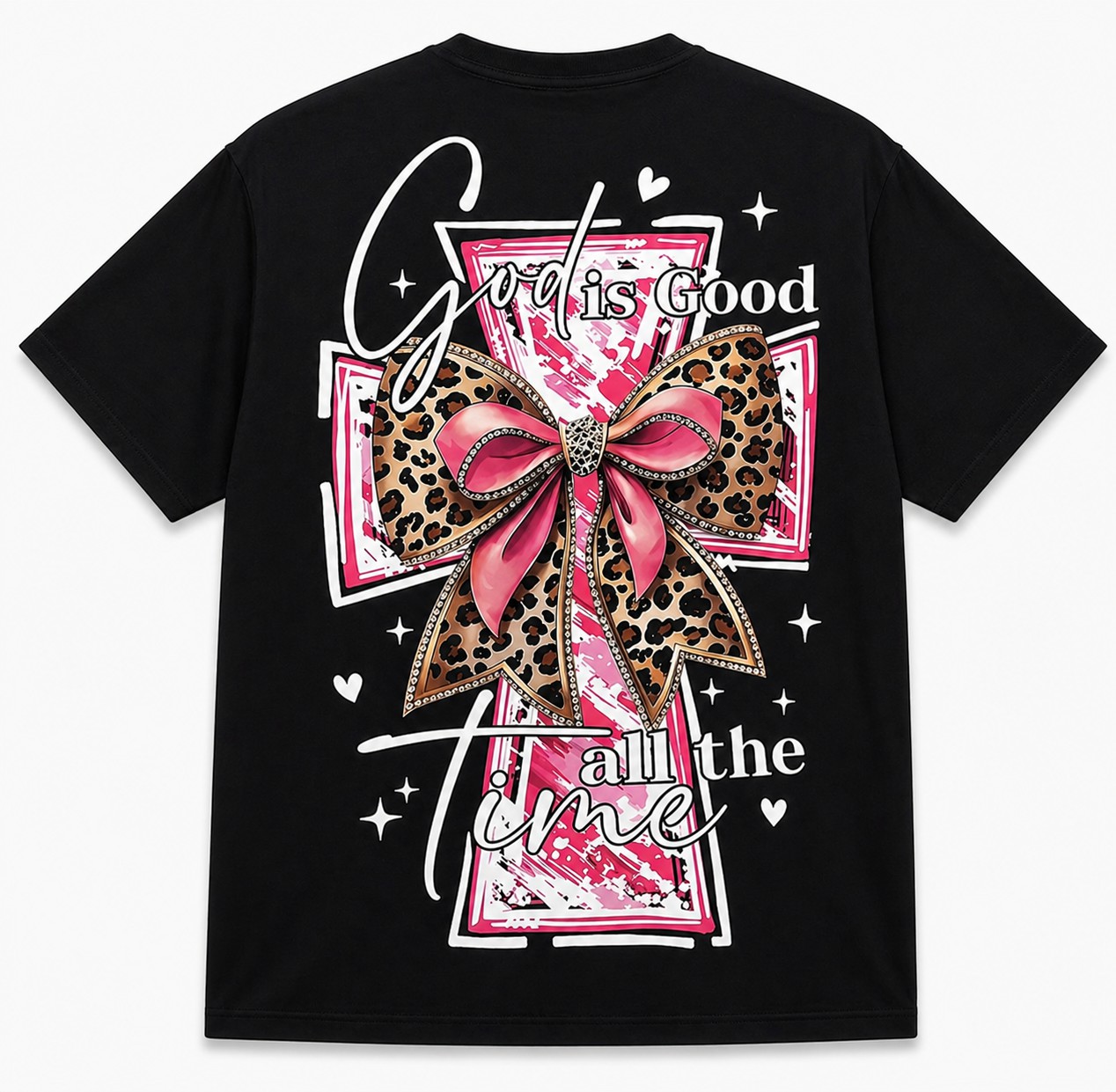 God Is Good All The Time Leopard Cross Christian Graphic Tee – Faith Women’s Oversized T-Shirt