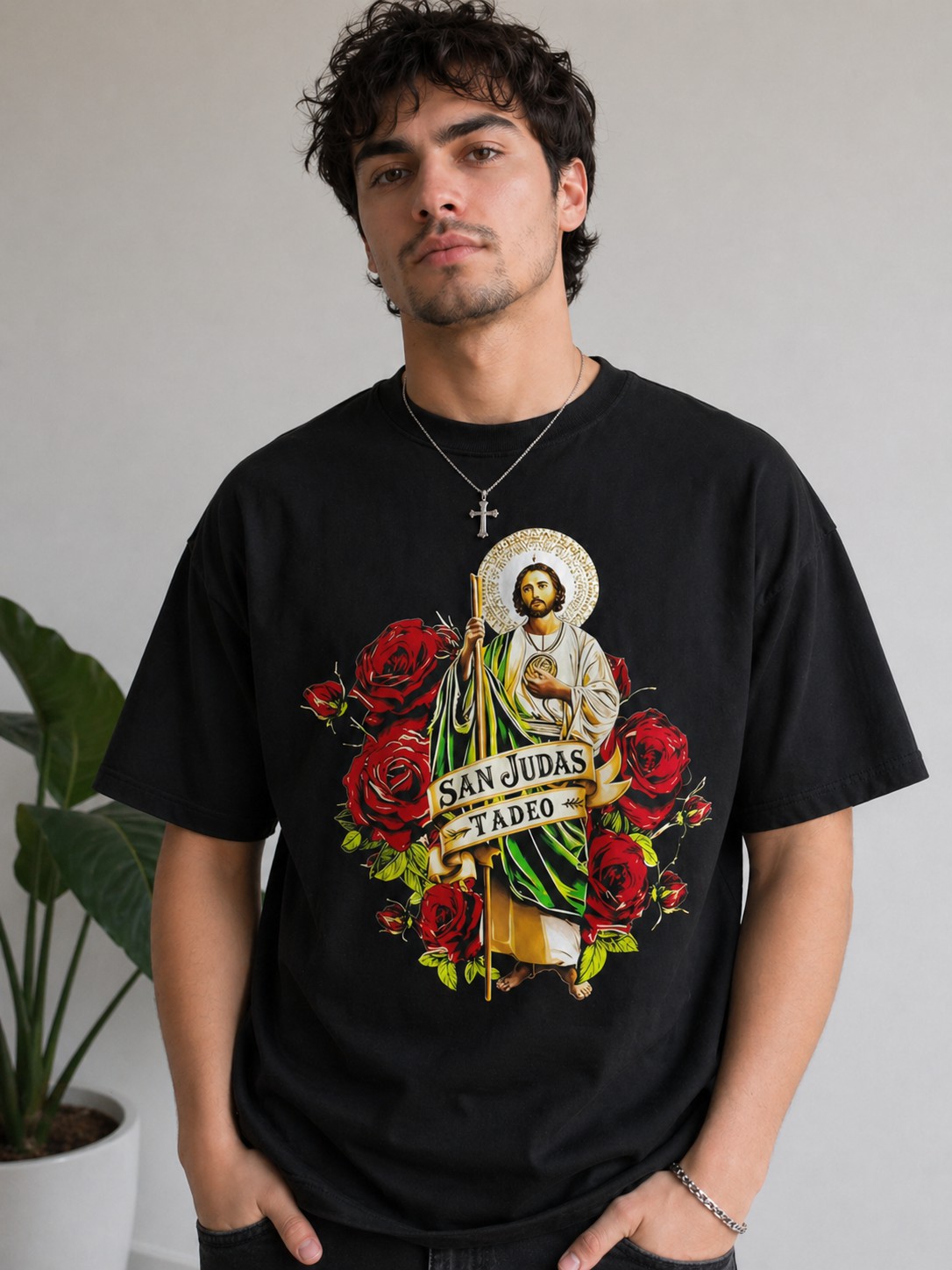 San Judas Tadeo Rose Graphic Tee – Catholic Saint Faith Unisex Vintage T-Shirt
