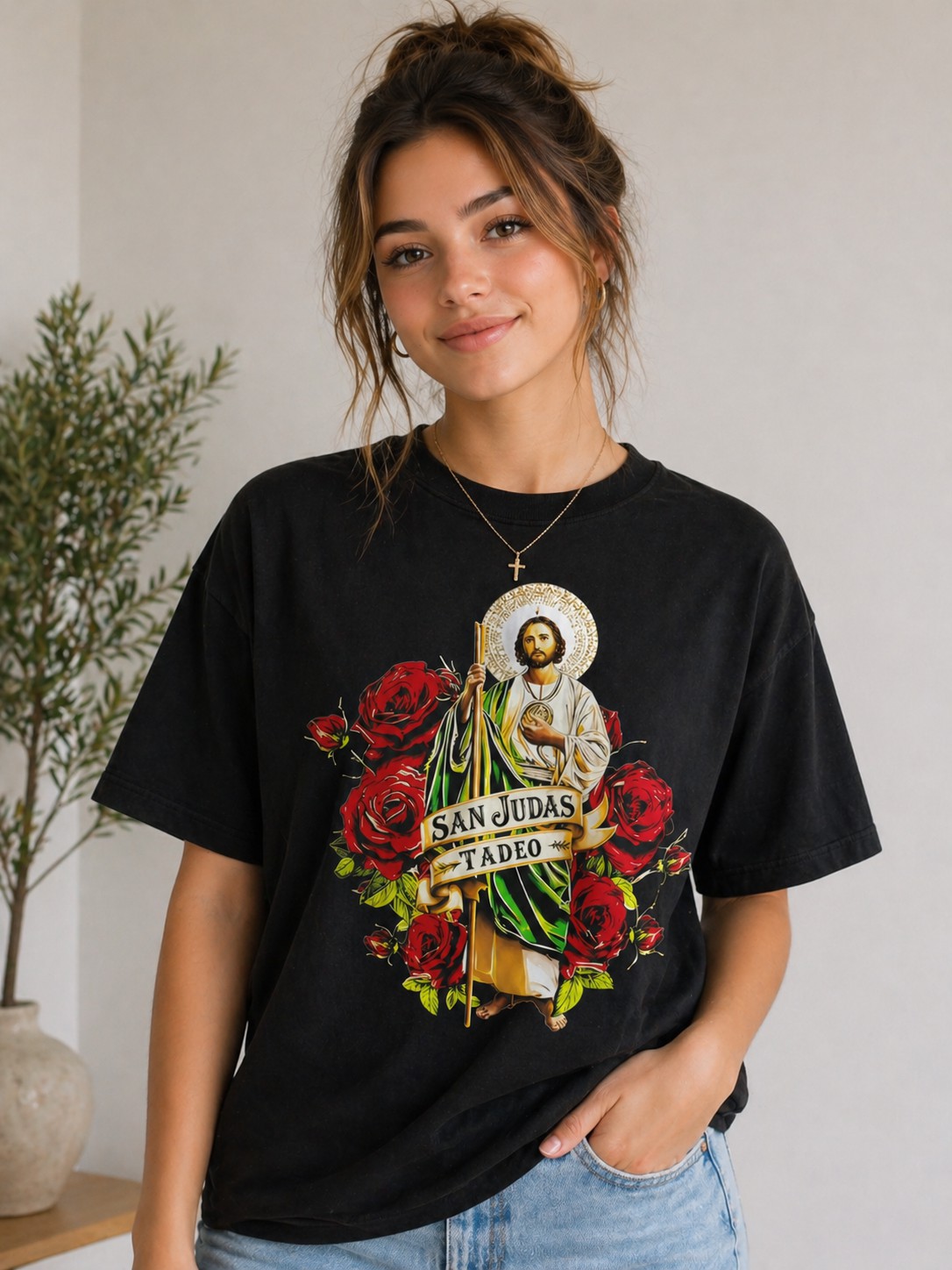San Judas Tadeo Rose Graphic Tee – Catholic Saint Faith Unisex Vintage T-Shirt