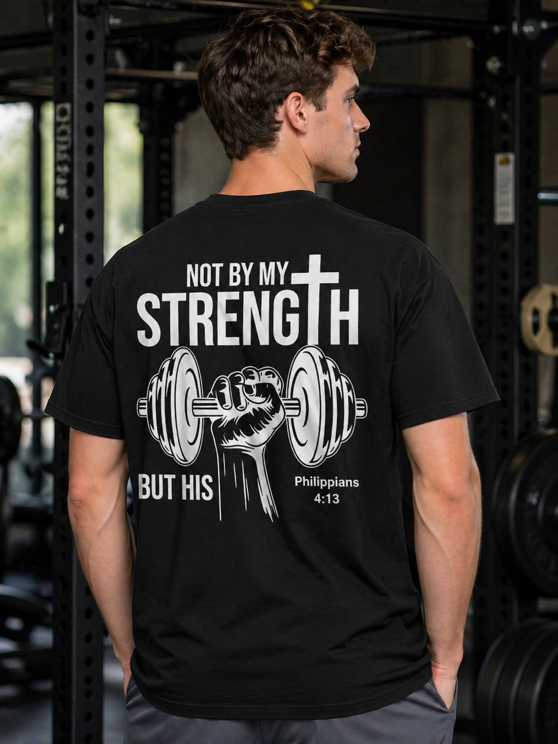 Not By My Strength But His Gym Christian Tee – Philippians 4:13 Faith Fitness Unisex T-Shirt