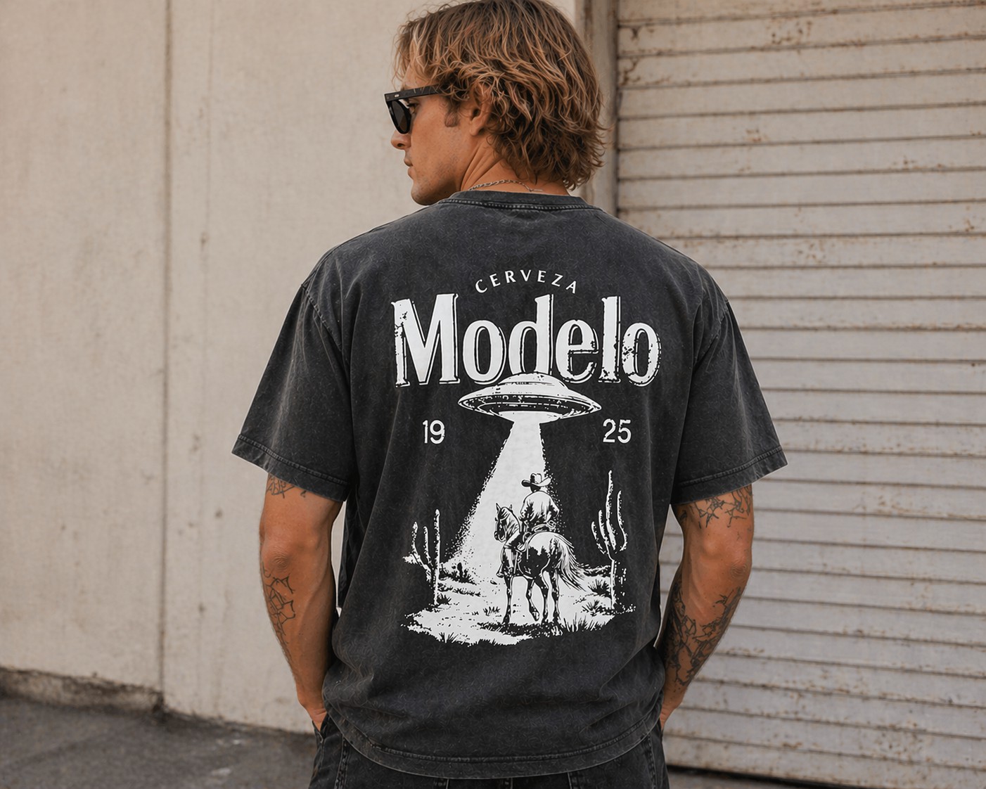 Vintage Washed Graphic Tee – Cowboy UFO Western Back Print T-Shirt