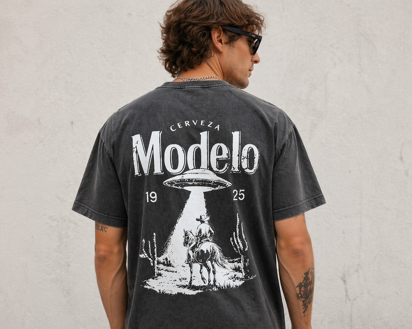 Vintage Washed Graphic Tee – Cowboy UFO Western Back Print T-Shirt