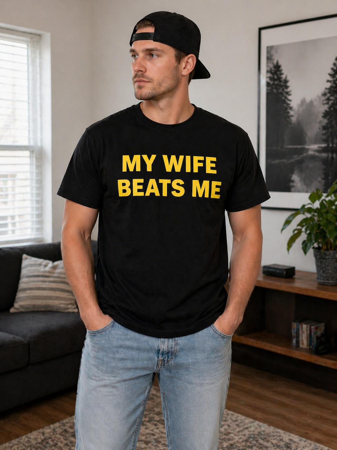 Funny Husband Quote Men's T-Shirt – My Wife Beats Me Casual Humor Graphic Statement Tee
