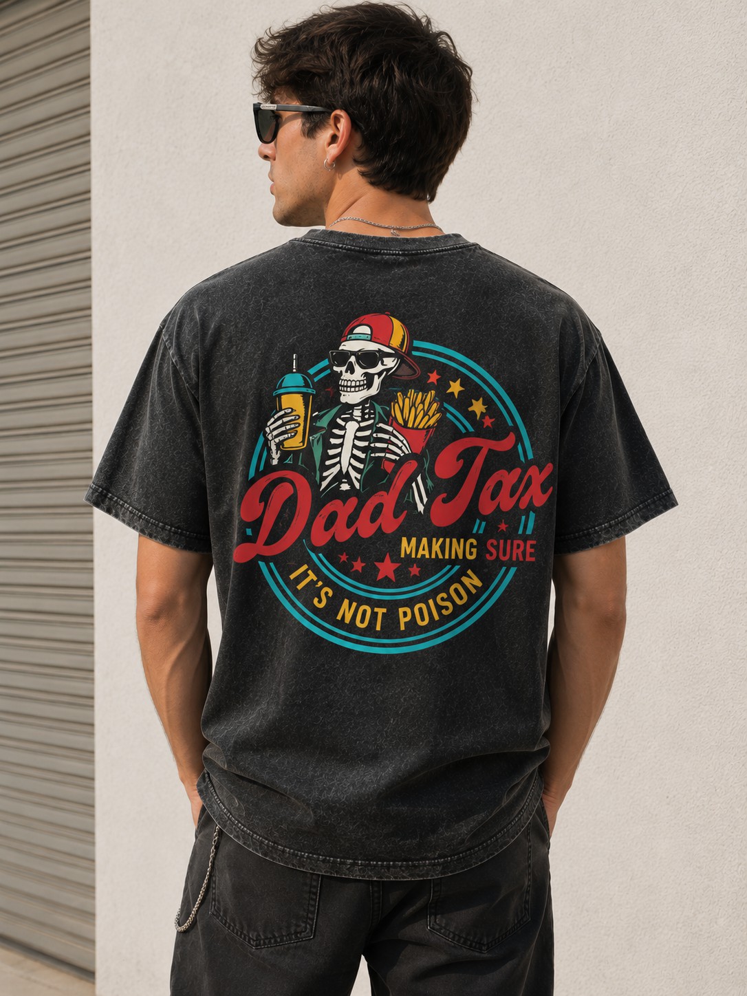 Dad Tax Funny Skeleton Graphic T-Shirt – Vintage Washed Oversized Dad Tee