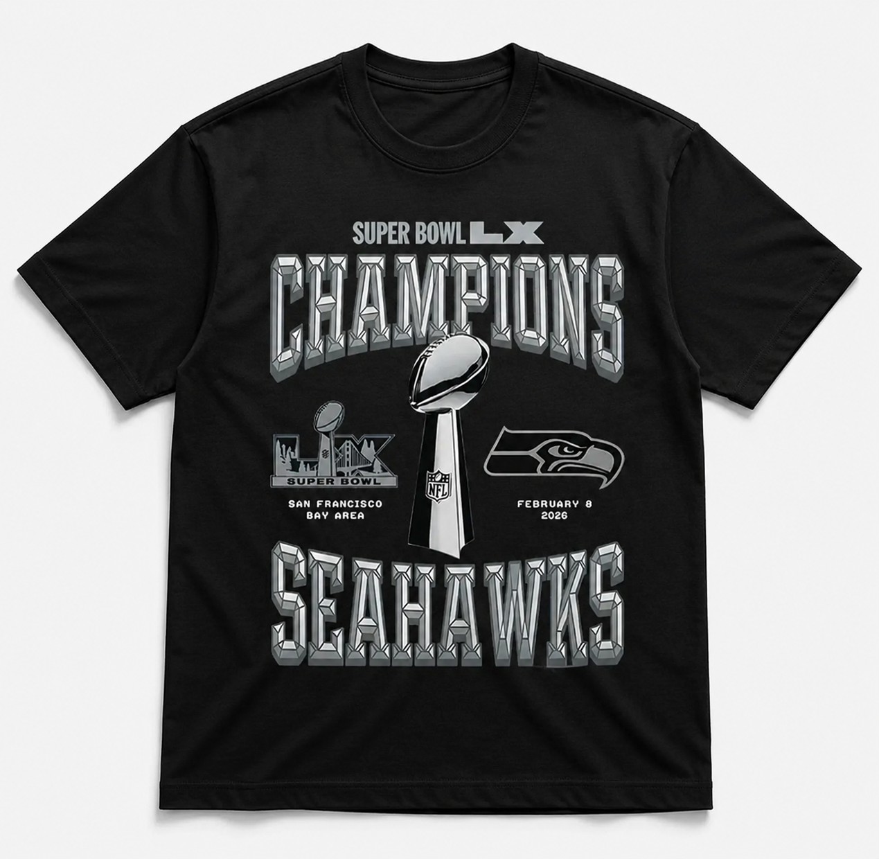 Seattle Seahawks Super Bowl LX Champions Graphic T-Shirt – Vintage Metallic Football Fan Tee