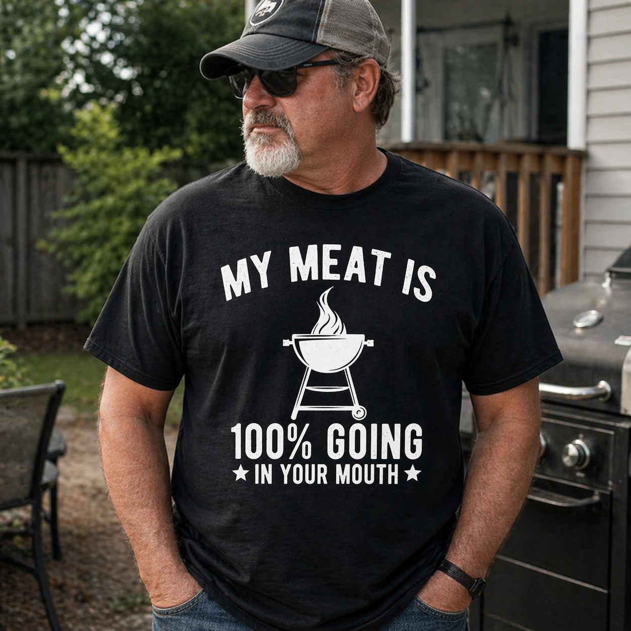 Funny BBQ Graphic T-Shirt – My Meat Is 100% Going In Your Mouth Tee