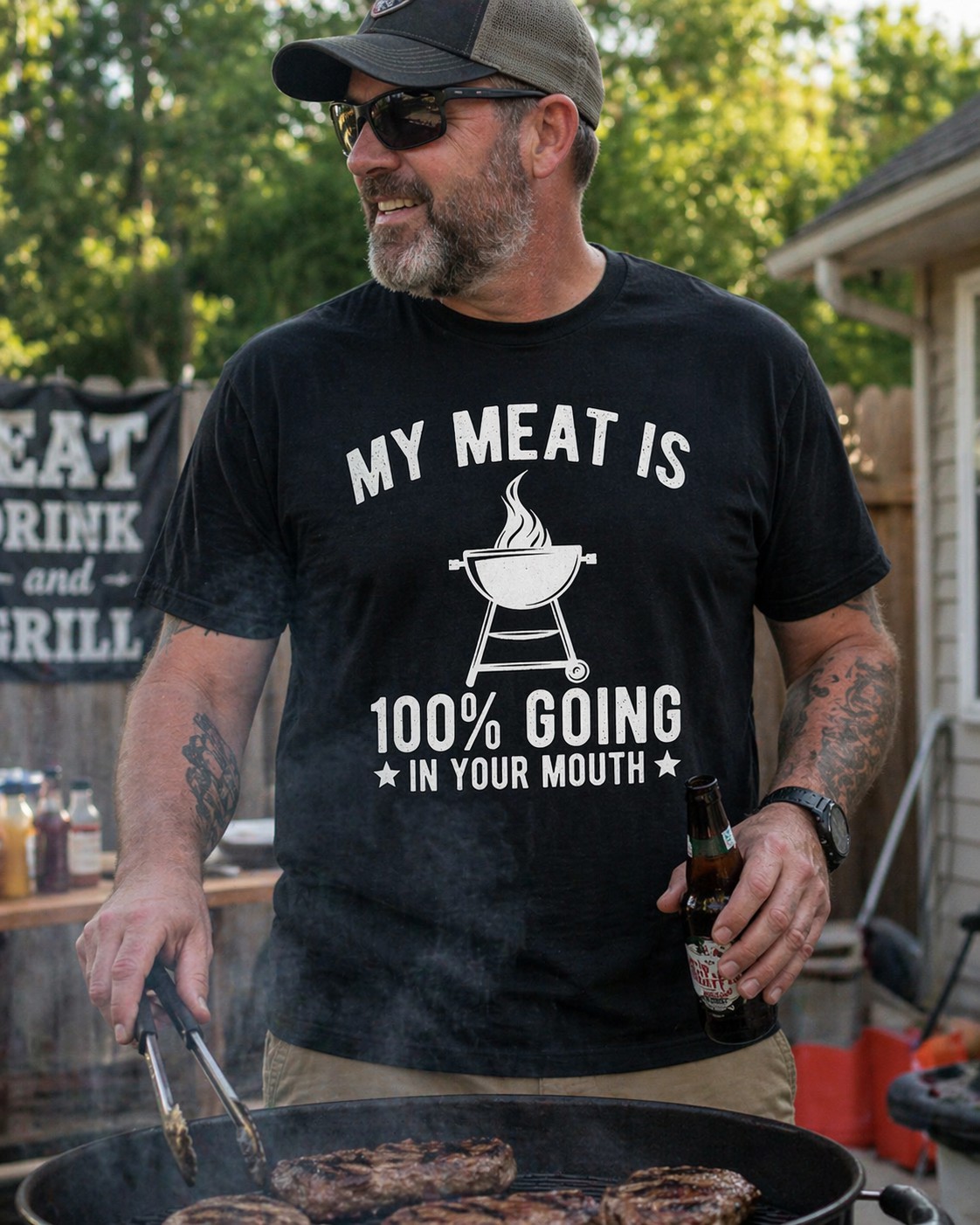Funny BBQ Graphic T-Shirt – My Meat Is 100% Going In Your Mouth Tee