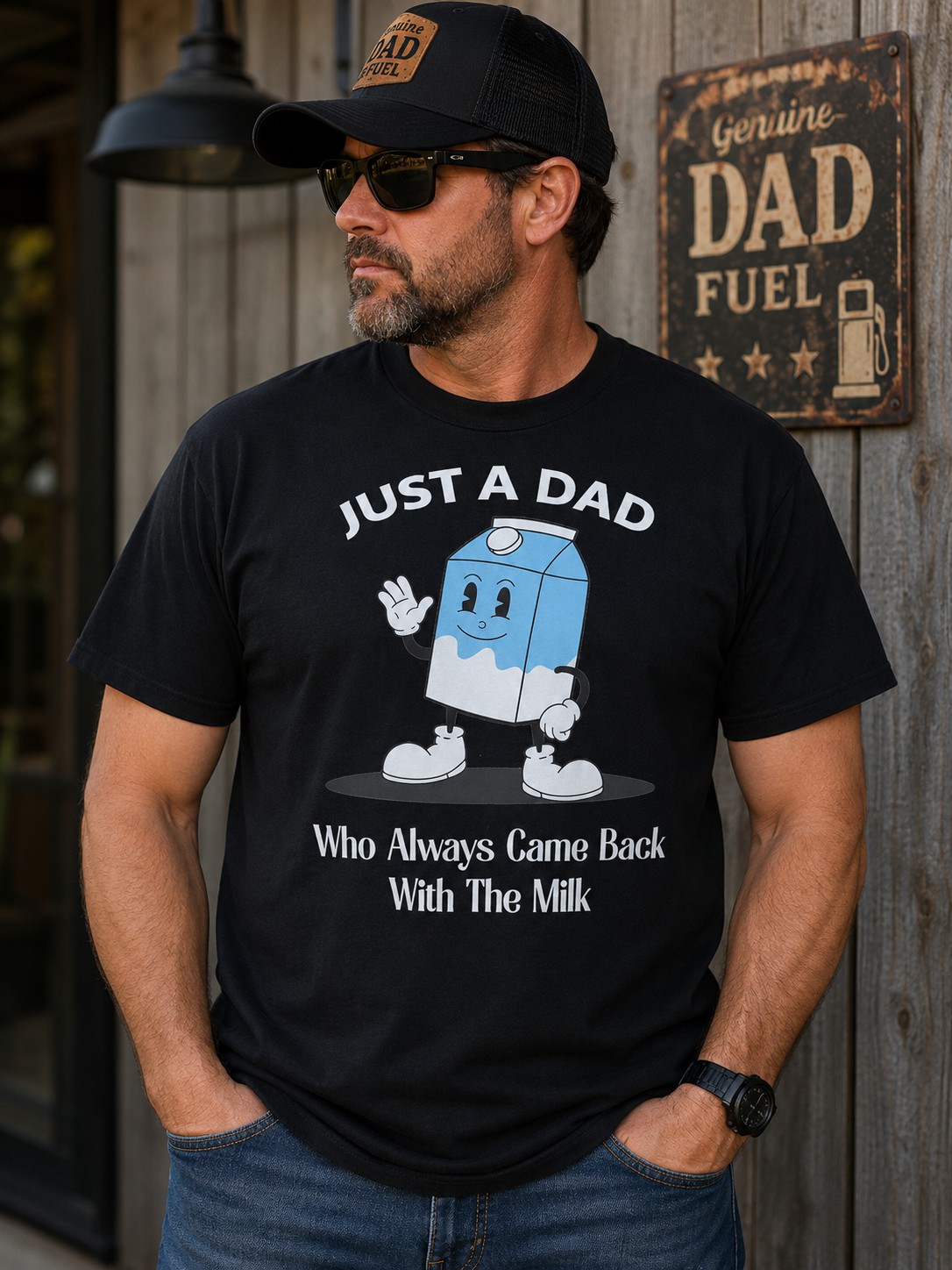 “Just A Dad Who Always Came Back With The Milk” Funny Dad Graphic T-Shirt