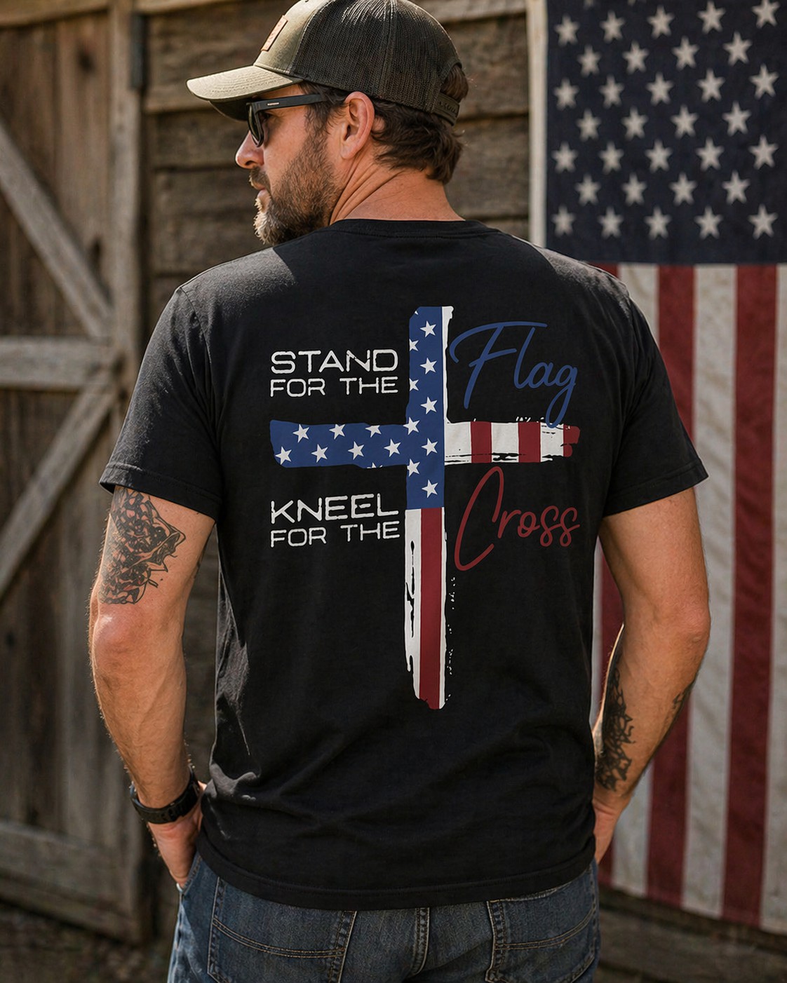 Christian Patriotic Graphic T-Shirt – Stand for the Flag Kneel for the Cross Tee
