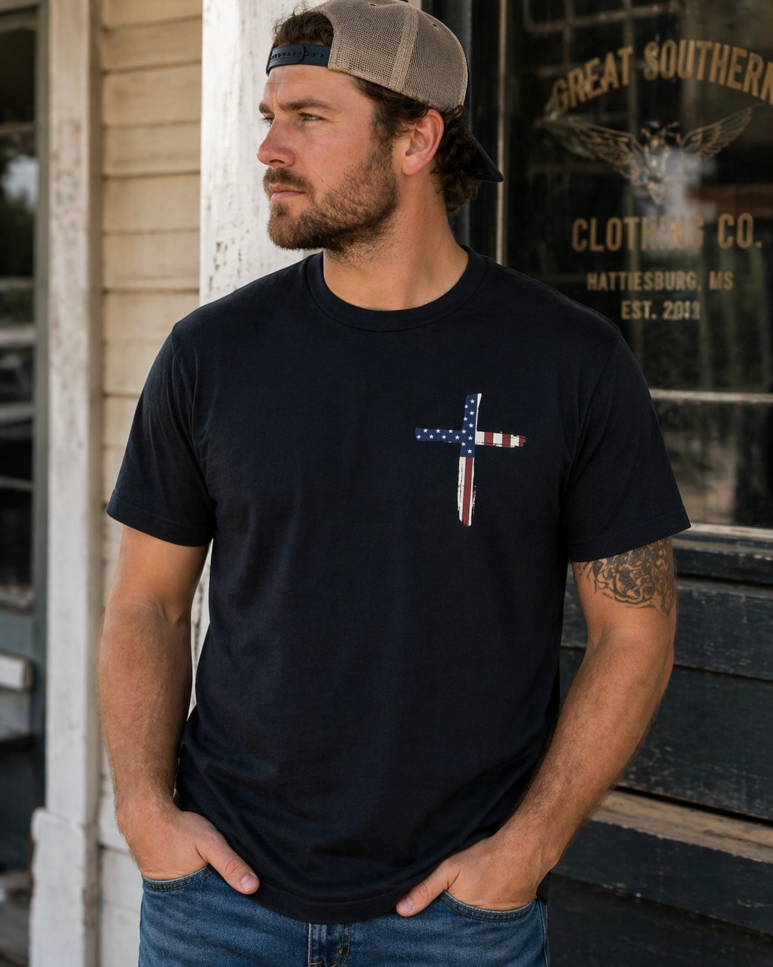 Christian Patriotic Graphic T-Shirt – Stand for the Flag Kneel for the Cross Tee